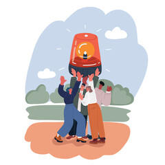 Cartoon vector illustration of individuals working together to operate a large emergency siren, symbolizing teamwork, alertness, and collective vigilance in crisis situations.
