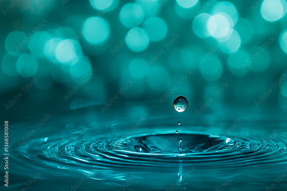 Poster Teal water droplet falling, creating concentric ripples on a turquoise bokeh background, showcasing serenity and purity, ideal for relaxation or spa concepts