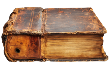 Old, worn notebook, side view. Transparent background.