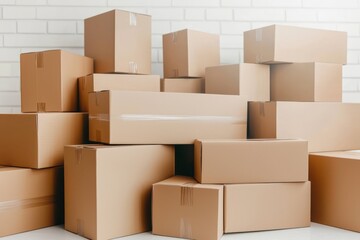 Large stack of plain cardboard boxes on a white backdrop. 