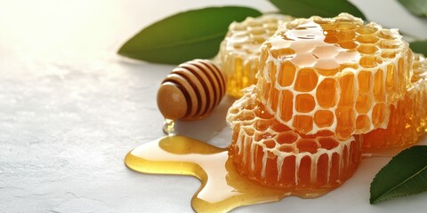 Sweet golden honeycomb with dripping honey and nature's touch