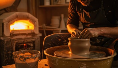 Male potter creating clay pot in workshop. Focuses on craftsmanship, creativity, and sustainable practices.