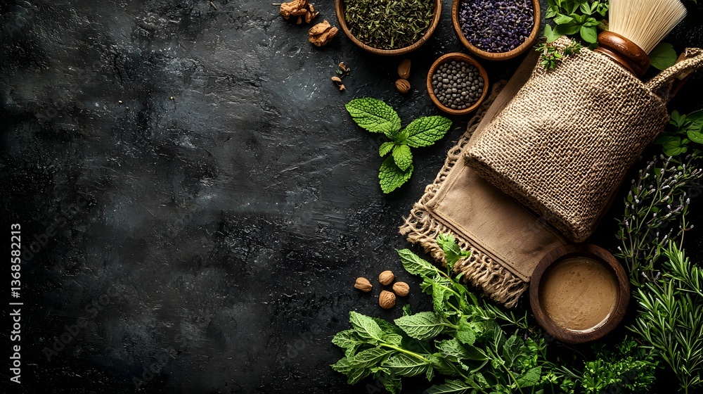 Poster flat lay of fresh herbs and spices in a reusable bag showcasing eco-friendly practices for sustainab