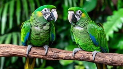 Two colorful green macaws perched on a branch amidst lush green foliage
