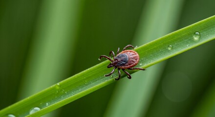 Tick crawling on a green leaf surrounded by droplets  