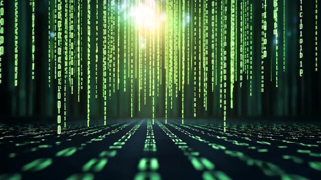 Abstract digital matrix background with cascading green code and glowing light effects