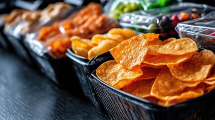 Assortment of snacks in black containers