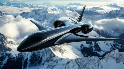 Fototapeta premium Futuristic business jet flying over snowy mountains at sunset
