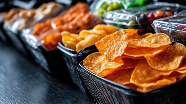 Assortment of snacks in black containers
