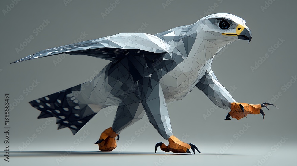 Poster simple geometric illustration of a running falcon captured in dynamic motion with bold lines and col