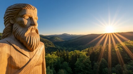 Wooden statue, sunrise over valley