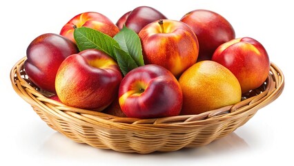 A wicker basket full of ripe nectarines and peaches ready to eat
