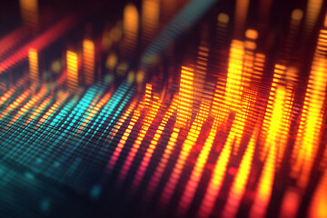 Abstract image of glowing teal and orange vertical lines, creating a dynamic and energetic visual effect, representative of data flow, technology, or music visualization