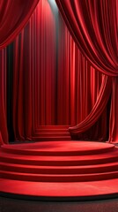 Elegant red velvet stage with draped curtains ready for a performance at a grand theater
