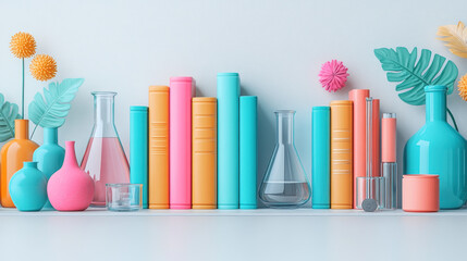 Pastel books, beakers, and vases on a shelf, decorative flowers