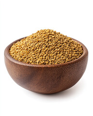 Brown bowl filled with bee pollen grains isolated on white background