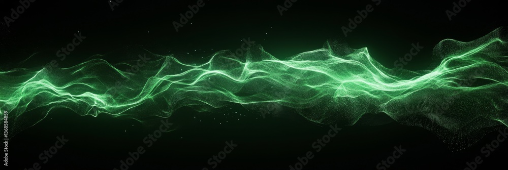 Poster abstract green wave of flowing lines displaying movement and energy on a dark background