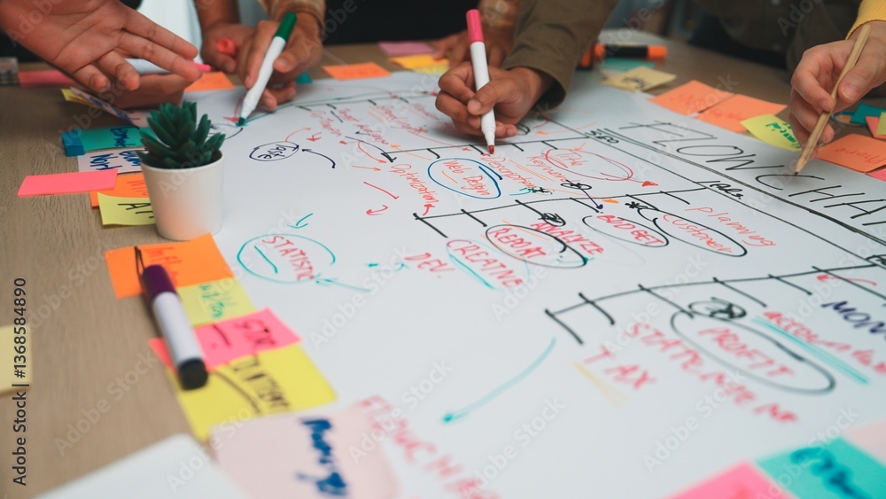 Poster engaging team planning session showcasing hands actively creating a flow chart with colorful sticky 