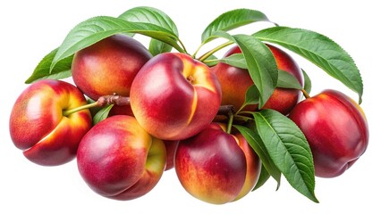 A cluster of ripe nectarines on the branch with green leaves isolated on white background