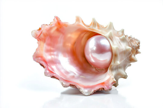 Beautiful pink conch shell with a rare and lustrous conch pearl nestled inside it. The shell is positioned against a clean, white background,