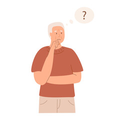 Elderly man experiencing confusion, memory loss, thinking with a puzzled expression and question mark. Alzheimer disease dementia concept. Male person solving problem, making decision. Vector.