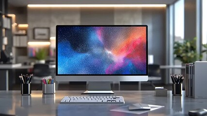Modern office workspace featuring a sleek computer setup with vibrant abstract screen display
