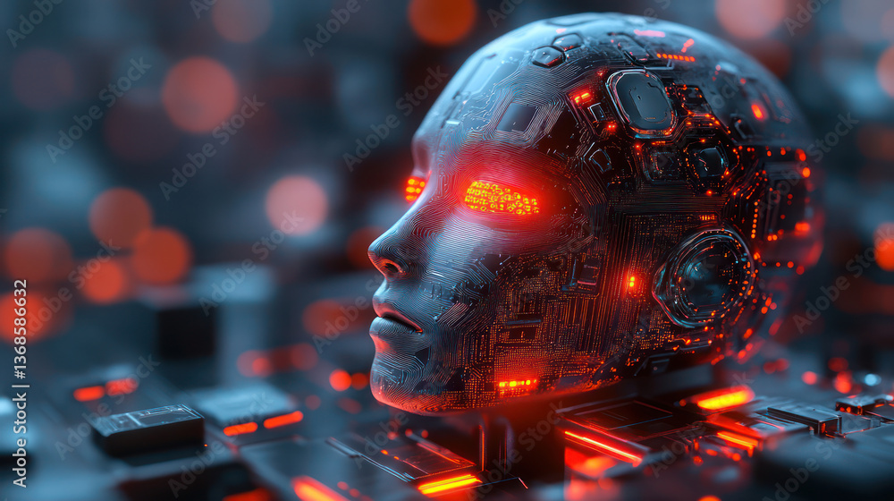 Poster futuristic robotic head with glowing circuits and intricate details, set against blurred background 