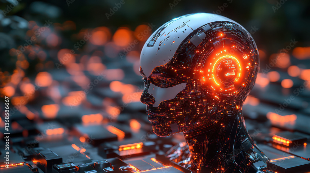 Poster futuristic robot head with glowing circuits and digital interface, set against backdrop of illuminat