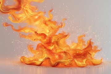 A fiery dance of incandescent orange and gold flames, swirling and sparkling against a pale grey backdrop.