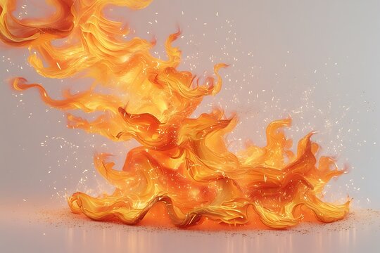 A fiery dance of incandescent orange and gold flames, swirling and sparkling against a pale grey backdrop.