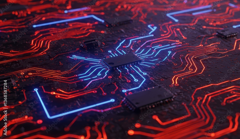 Aufkleber abstract depiction of circuit board with microchip highlighted by red and blue lighting. themes of i