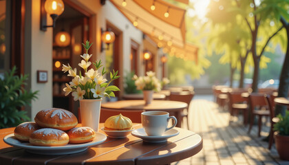 Fototapeta premium Cozy café table with pastries and coffee against sunlit background 