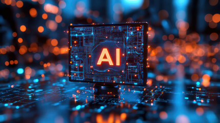 Artificial intelligence display on futuristic screen with glowing circuits and vibrant lights. image captures essence of technology and innovation in digital environment