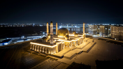 view of the mosque in Almaty from the air at night