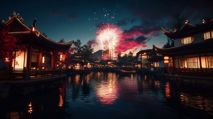 Obraz premium Asian Village Fireworks Display at Dusk