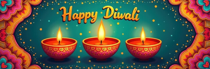 Diwali lamps with 'Happy Diwali' text, surrounded by decorative patterns