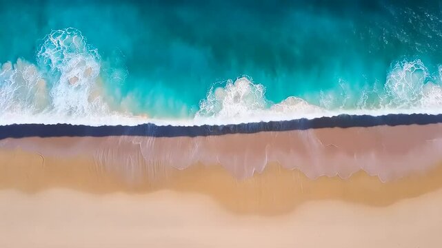 Aerial view of turquoise ocean waves gently crashing onto a sandy beach under bright sunlight