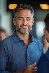 Obraz premium Confident businessman interacting in a professional setting with a welcoming demeanor