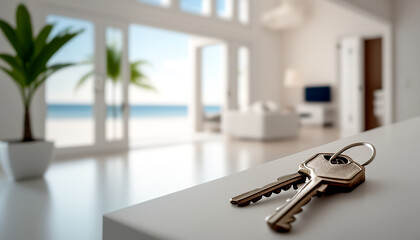 Keys on white table in new apartment or hotel room with green plants, overlooking the sea. Panoramic ocean view, luxury vacation rental or buying overseas property on seashore