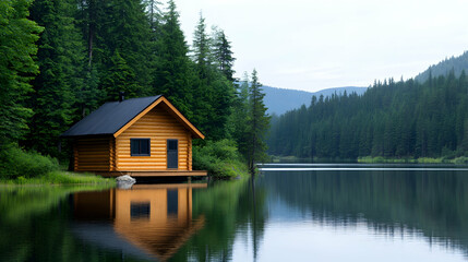 Fototapeta premium Serene lakeside log cabin nestled amidst lush evergreen forest, reflecting on calm water