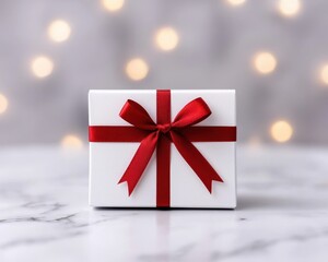 A beautifully wrapped gift box with a red ribbon on a blurred background.