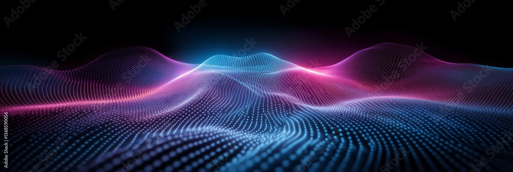 Poster colorful waves of digital light create mesmerizing patterns across a dark space