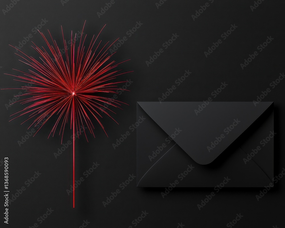 Poster a black envelope next to a vibrant red sparkler against a dark background.