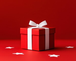 Obraz premium A beautifully wrapped red gift box with a white ribbon on a festive red background.