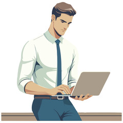 businessman vector standing working typing on laptop