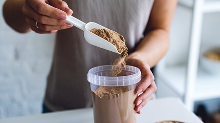Preparing a healthy chocolate protein shake, a woman carefully scoops a serving into a clear container, ready to blend for a nutritious boost.