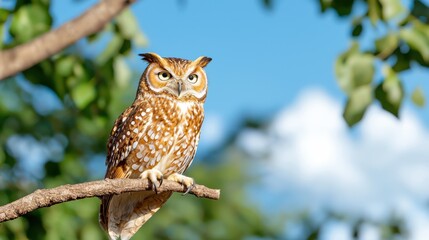 Obraz premium Majestic Owl Perched on Branch with Clear Blue Sky Background in Nature