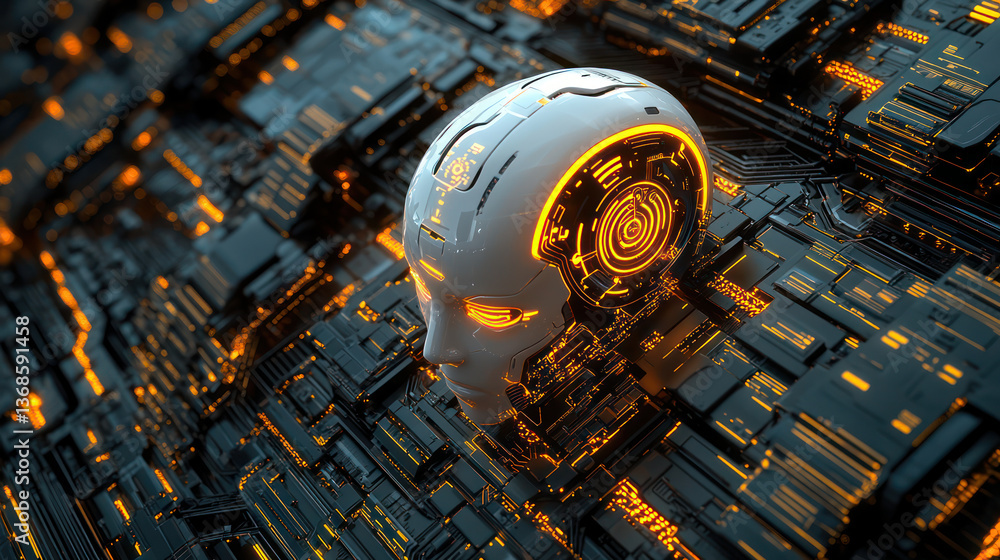 Poster futuristic robot head with glowing circuits on dark, textured background, symbolizing advanced techn
