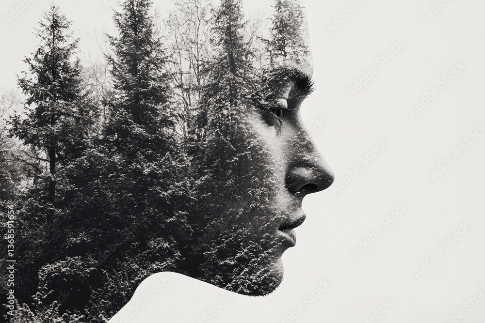 Poster monotone profile of a face superimposed with a snowy forest scene, creating a nature-human unity con