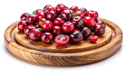 A pile of fresh cranberries on a wooden cutting board, healthy and delicious berries